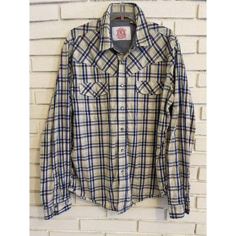 Christian Audigier Shirt size XL Pearl Snap Blue Tan Plaid‎ Long Sleeve Western